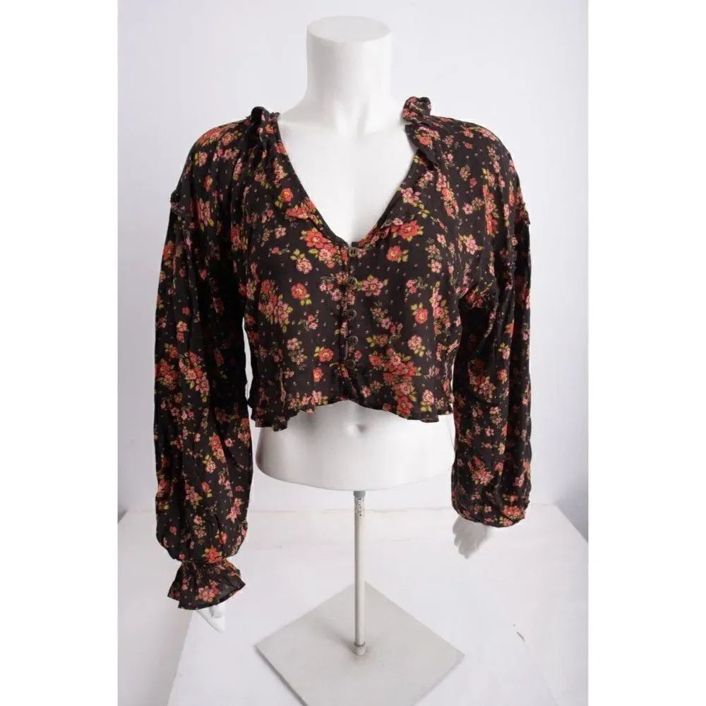 Free People Womans Secret Garden Blouse Shirt Crop Top Size S Red Floral  NWT